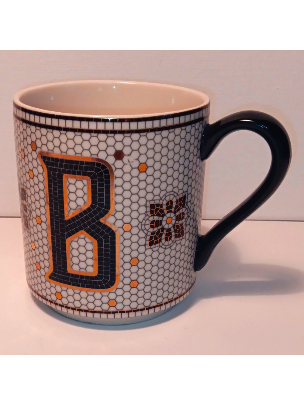 Anthropologie Monogram B Ceramic Mug Geometric White Black Gold 14oz